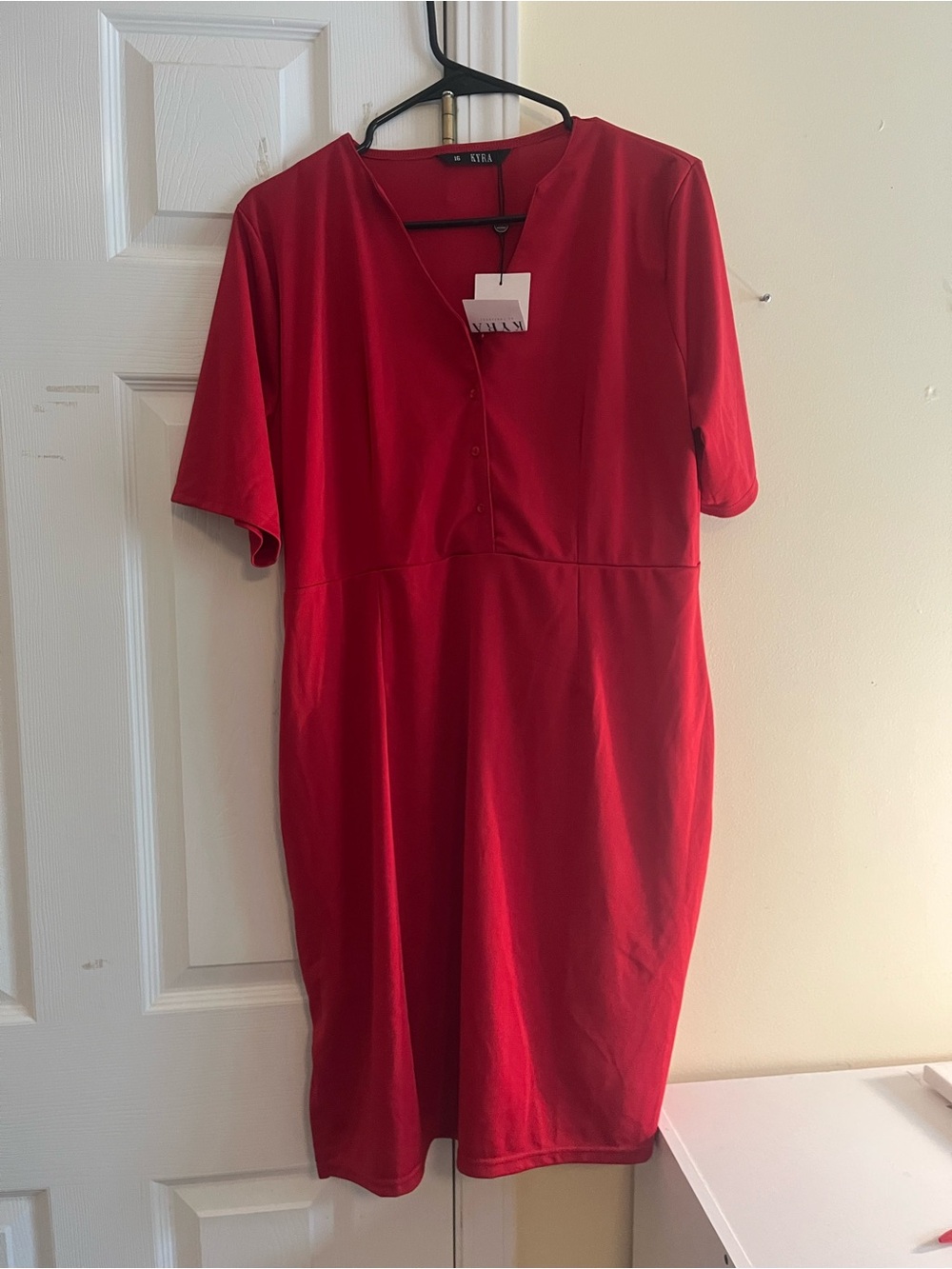 Kyra Women's Red V-Neck Button Front Dress